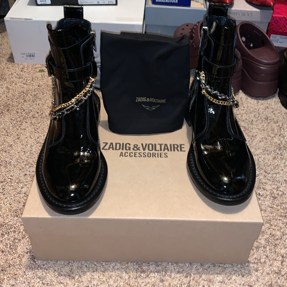 Zadig & Voltaire Black Patent Leather Combat Boots with Gold Chain